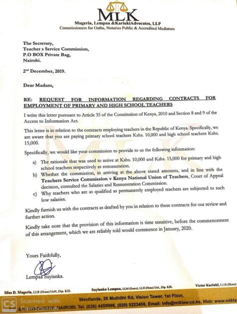 Mugeria, Lempaa and Kariuki Advocates' letter to TSC over employment of intern teachers.