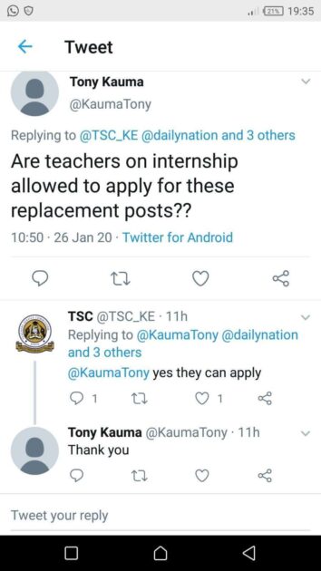 The response from TSC that gives Teacher Interns freedom to apply for the Permanent/ Replacement posts.