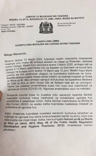 Tanzania confirms first Corona virus case