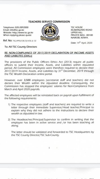 TSC Circular on expunging over 3,500 teachers and staff from the payroll for failing to declare their 2017/ 2019 wealth.