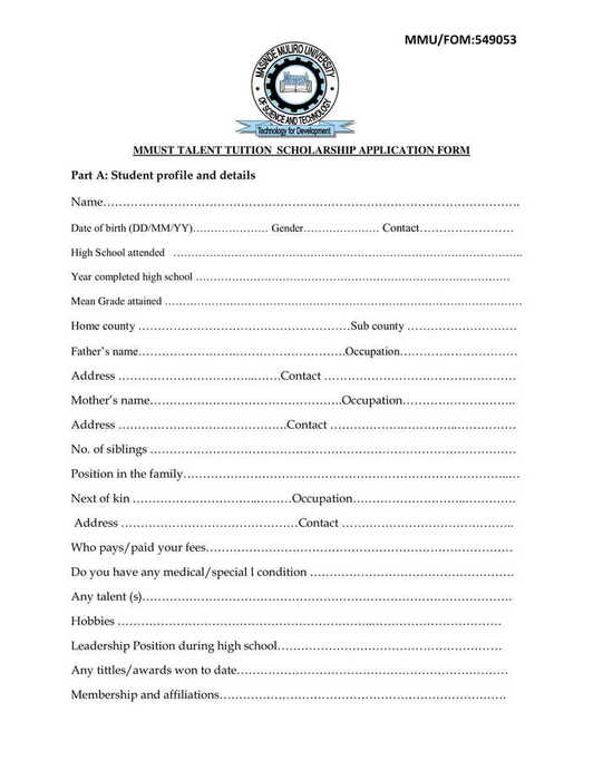 Masinde Muliro University scholarship application form page 1.