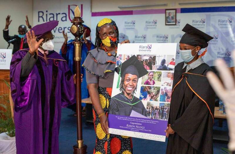 Photo: Right to left; Karen, Miriam Nekesa(her sign language interpreter), and Dr. Wilfred Kiboro (Chancellor Riara University) during the virtual graduation. She was among the top performers who attended the graduation while observing health guidelines to prevent the spread of Coivid 19.