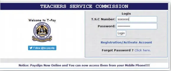 TSC payslip log in window.