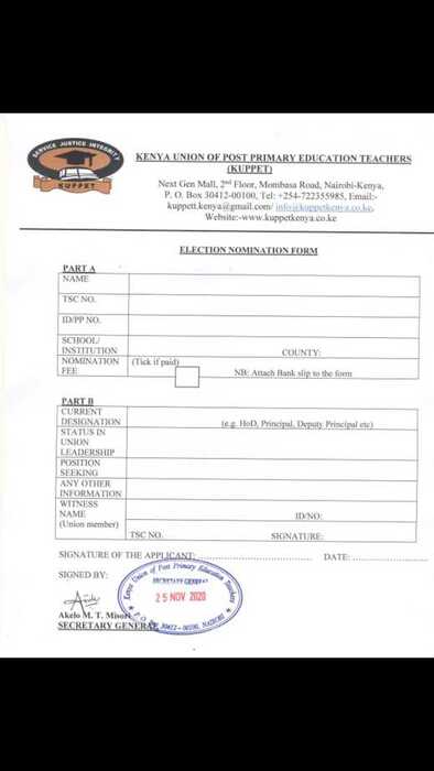 Kuppet nomination form for aspirants.