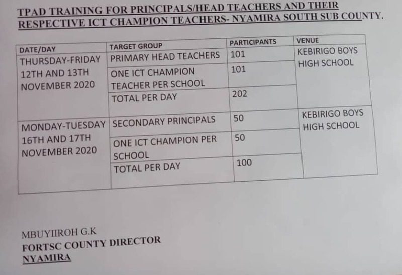 TSC invitation memo to the TPAD2 training sessions at Kebirigo Boys High School in Nyamira County.