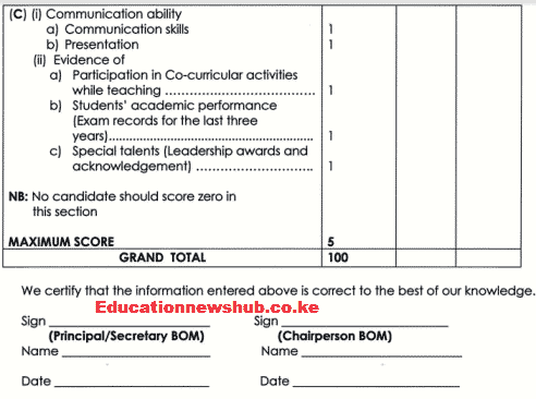 TSC recruitment score guide for primary school intern teachers.