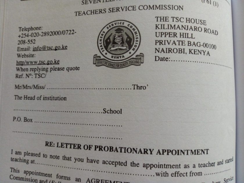 TSC- Letter on offer of employment as a teacher; posting letter for newly employed teacher