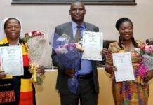 The 2019 African Teacher Prize winners; Right to Left: Ms Augusta Lartey-Young (Ghana), Mr. Eric Ademba (Kenya) and Sister Gladyce Kachope (Uganda);