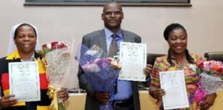 The 2019 African Teacher Prize winners; Right to Left: Ms Augusta Lartey-Young (Ghana), Mr. Eric Ademba (Kenya) and Sister Gladyce Kachope (Uganda);