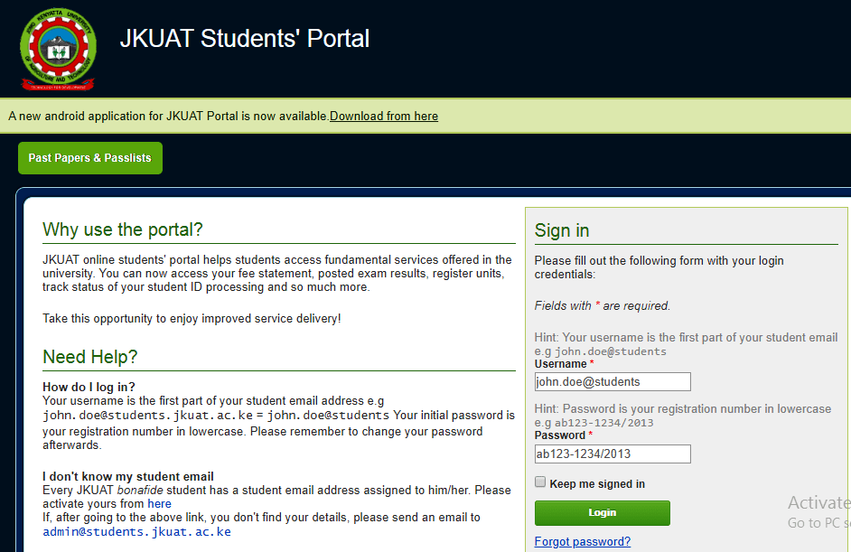 How to Log in to Jomo Kenyatta University of Agriculture and Technology (JKUAT) Students Portal online, for Registration, E-Learning, Hostel Booking, Fees, Courses and Exam Results