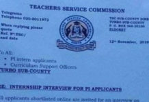 2019 TSC Intern Teachers' Recruitment, Interview dates and Venues per county; Uasin Gishu- Turbo