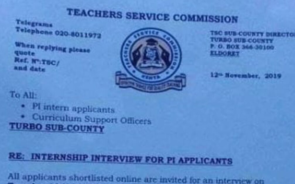 TSC Intern Teachers’ Recruitment, Interview dates and Venues per county; Uasin Gishu- Turbo