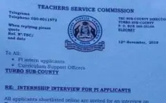 2019 TSC Intern Teachers' Recruitment, Interview dates and Venues per county; Uasin Gishu- Turbo