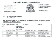 Bomet County TSC Teacher Interns, recruitment schedule.