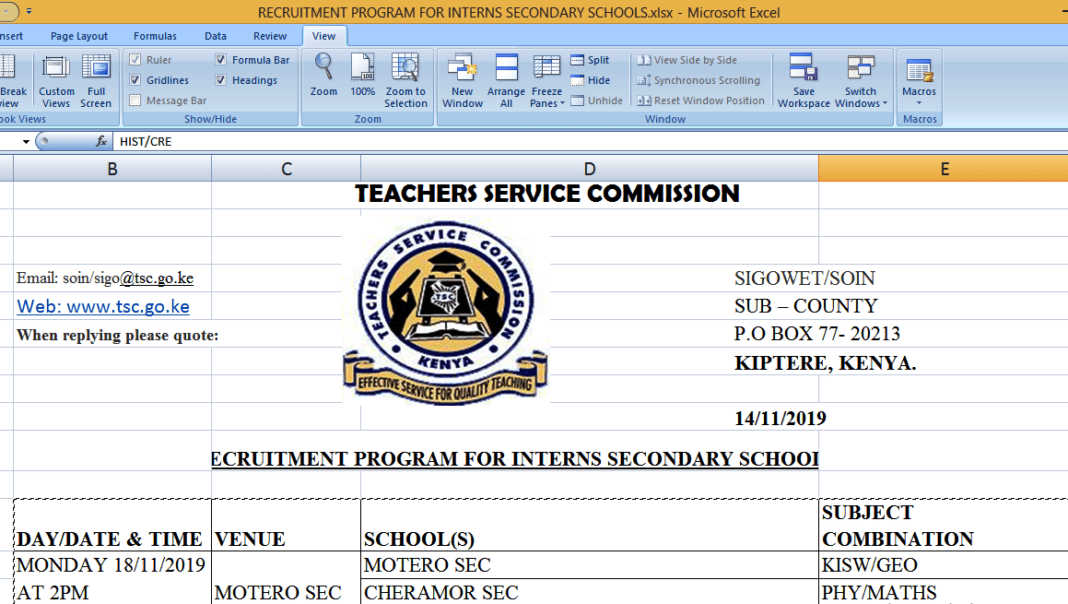 2019 TSC Intern teachers' Interview dates, time and Venues; Kericho County- Sigowet, Soin