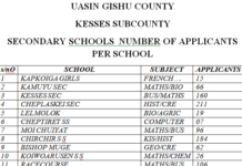 List of Shortlisted candidates for 2019 TSC Teacher Internship vacancies; Uasin Gishu County; Kesses