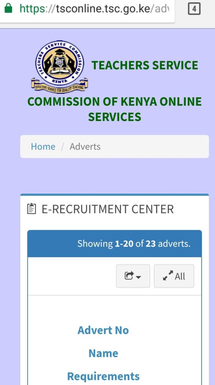 TSC online application portal for advertised teachers' promotions vacancies