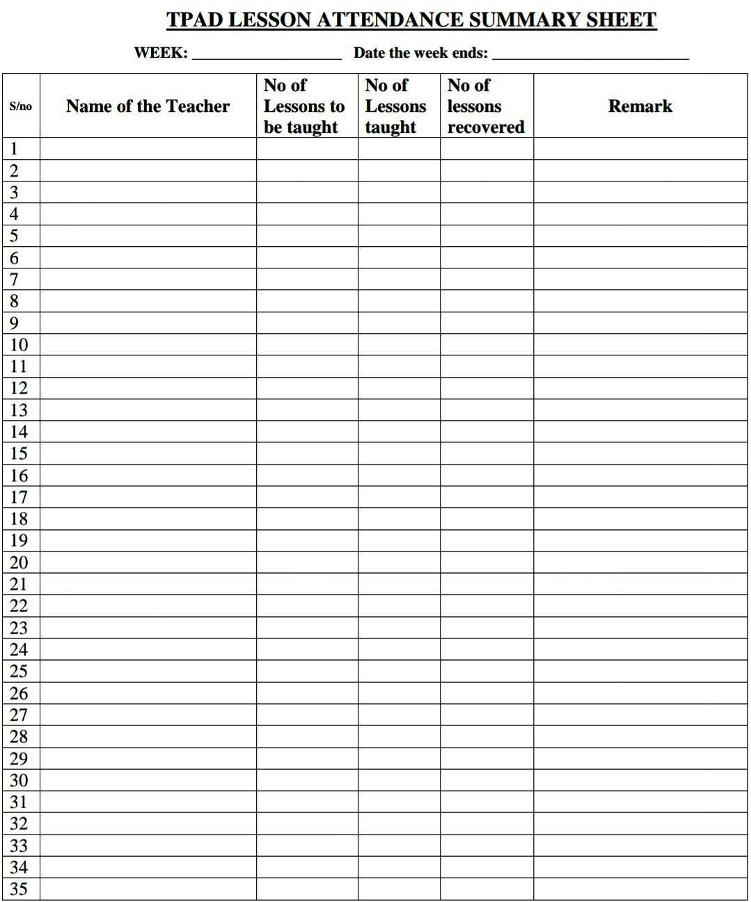 TPAD Lesson attendance summary sheet.