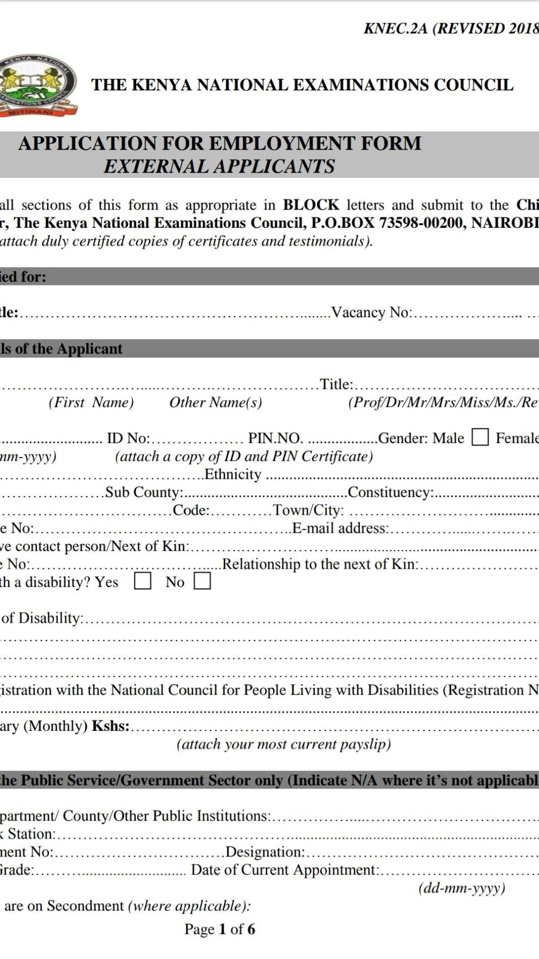 The KNEC employment application form free pdf download.