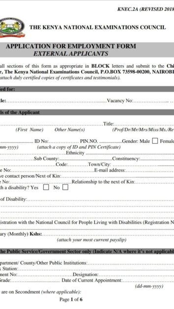 The KNEC employment application form free pdf download.