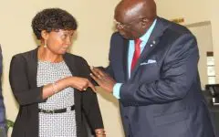 TSC boss Dr. Nancy Macharia (left) shares a note with the Education CS prof. George Magoha.