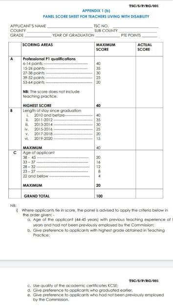TSC latest recruitment guidelines for primary school teachers; Interview score sheet, marking schemes