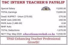 Kuppet under fire for 'pocketing' deductions from TSC intern teachers’ salaries 1 A TSC intern teacher's payslip.