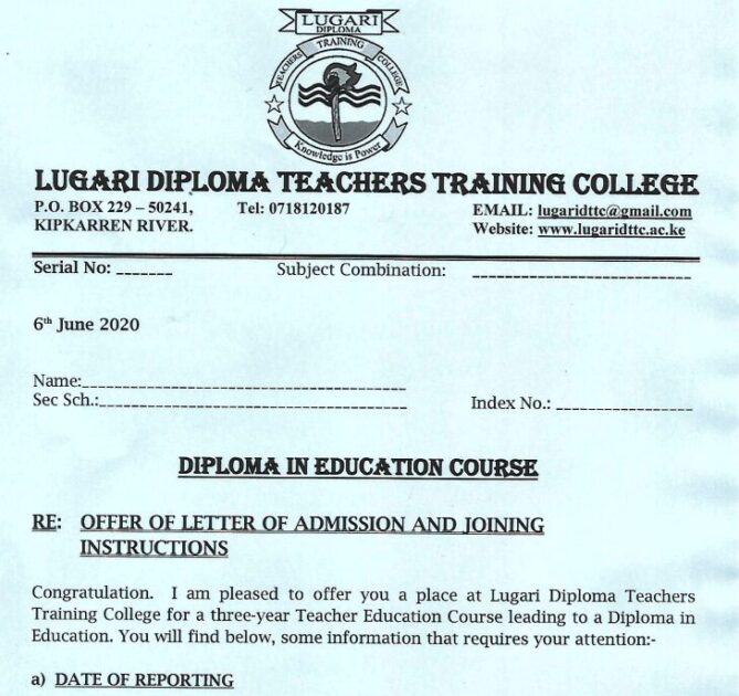 Lugari Diploma Teachers Training College – Lugari TTC Courses, Fees Structure, Admission Requirements, Application Form, Contacts, portals
