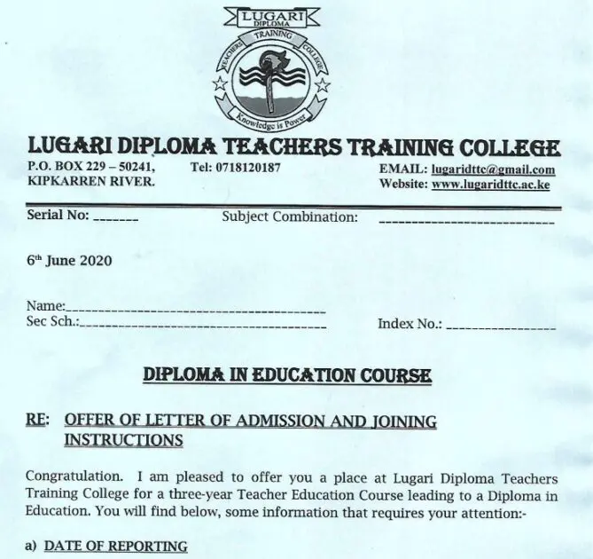 2020/2021 Teachers' Training Colleges (TTCs) applications and admission letters.