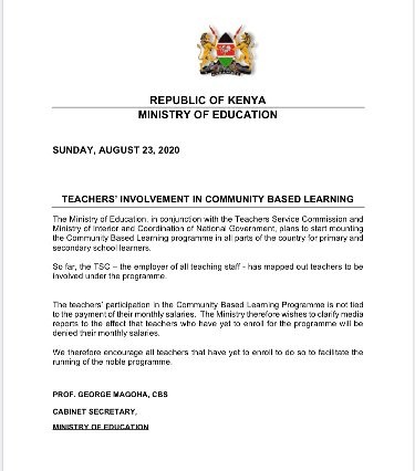 CS Magoha's clarifications on the role of teachers in implementing the Community Based Learning Programme.