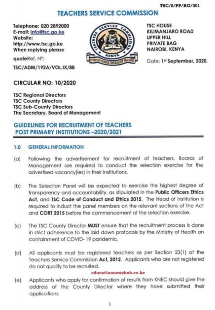 TSC recruitment guidelines for teachers 2020/ 2021.