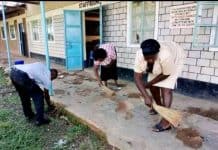 Teachers seen tidying up their school as they resumed to work on Monday morning.
