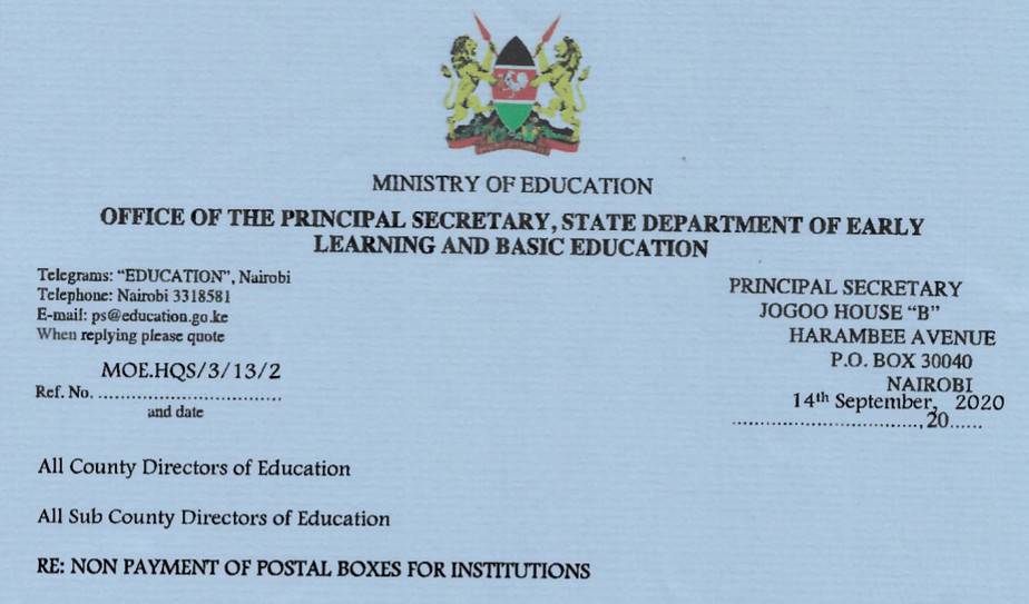 Education Ministry's Circular to schools over nonpayment of postal boxes fees.