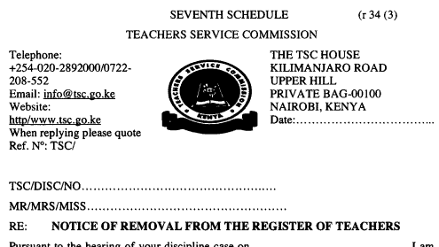 TSC dismissal letters for teachers.