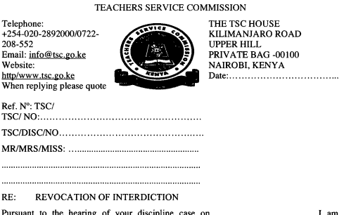 TSC revocation of interdiction letter for teachers.