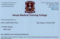 KMTC reopens, calls students back for physical lessons 1 KMTC announces reopening dates for students.