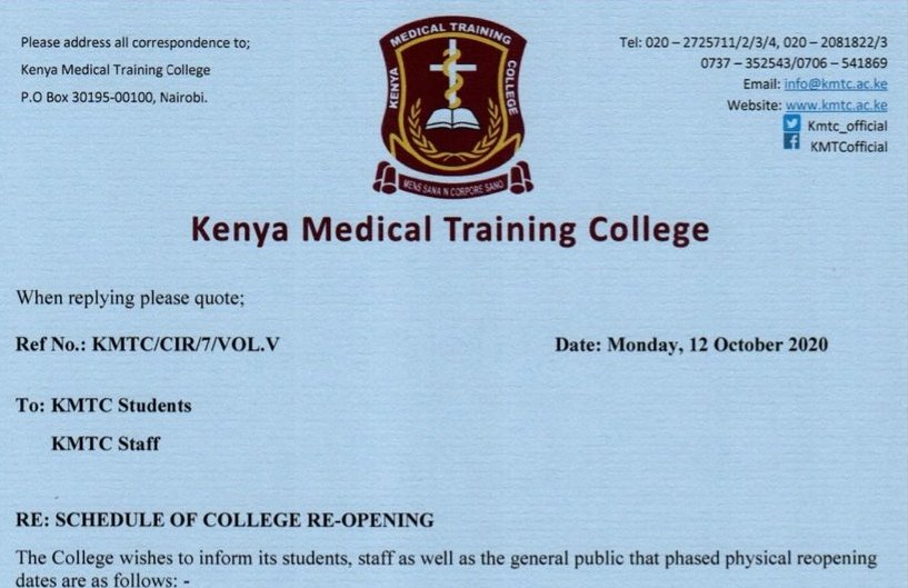KMTC reopens, calls students back for physical lessons