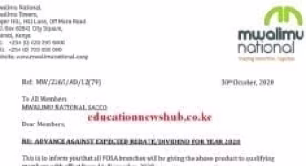 Mwalimu National Sacco dividends for 2020; Advance and share amounts