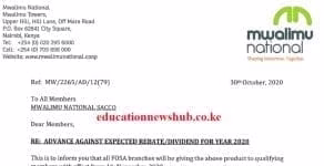 Mwalimu National Sacco dividends for 2020; Advance and share amounts 1 Mwalimu National Sacco 2020 dividends news.