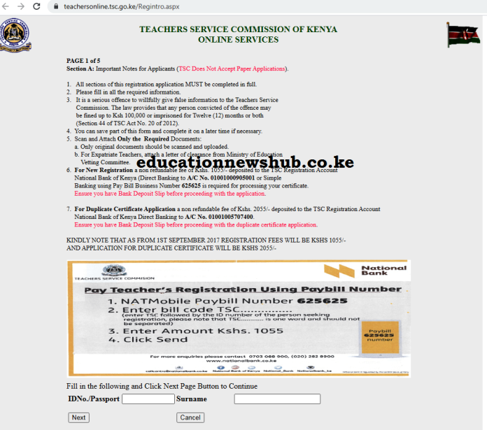 Portal for TSC Number application; https://teachersonline.tsc.go.ke/Regintro.aspx