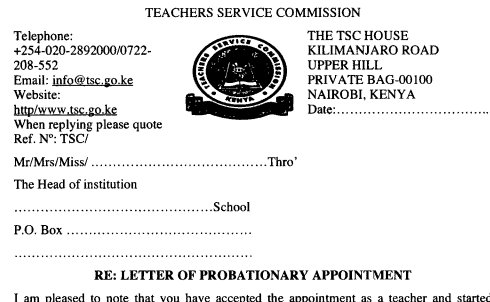 TSC letter of probationary appointment for newly posted teachers
