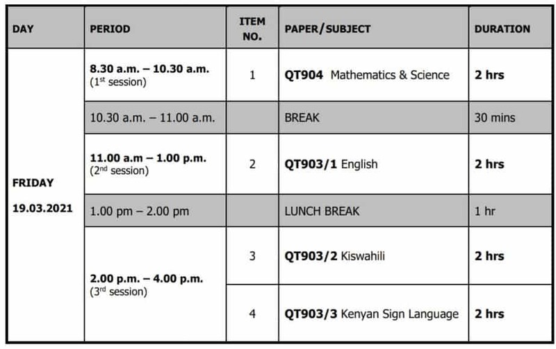 2020 KCSE QT Timetable. 