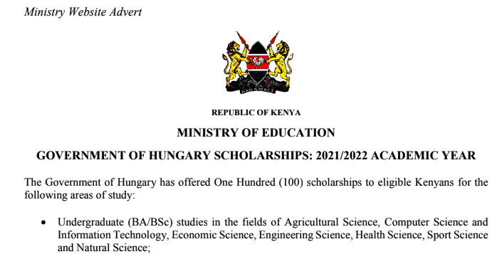 Hungary scholarships for Kenyan University Students 2021/2022