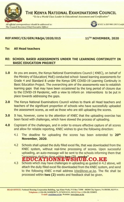 Knec circular on capturing of class 8 and grade 4 test marks.