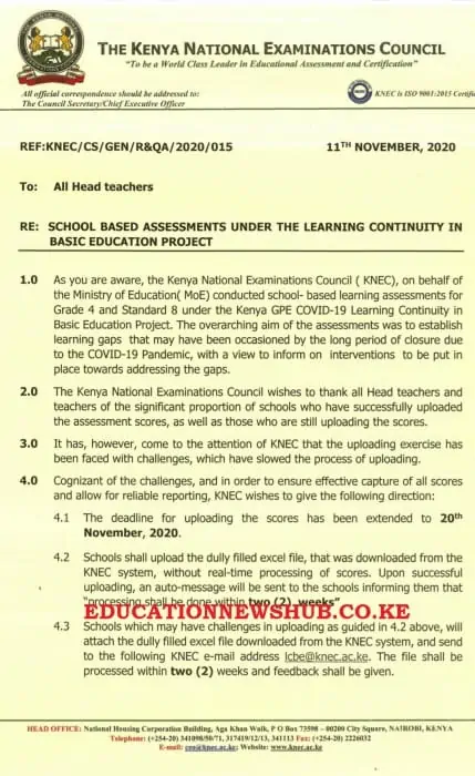 Knec circular on capturing of class 8 and grade 4 test marks.