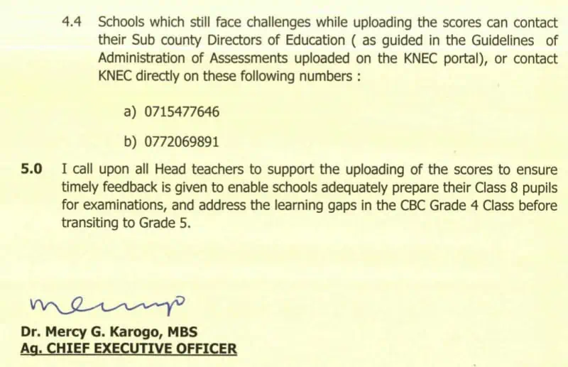 Knec circular on capturing of class 8 and grade 4 test marks.