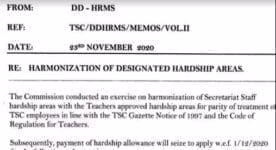 TSC reviews hardship areas; See latest list of all hardship areas 1 TSC Circular on revision of hardship areas.
