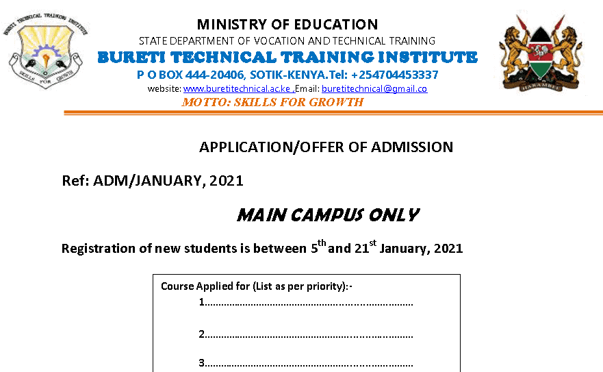 Bureti Technical Training Institute Application/ Admission Form 2021/2022