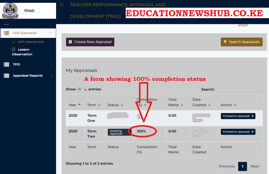 A TSC TPAD 2 form showing a 100 percent processing status.