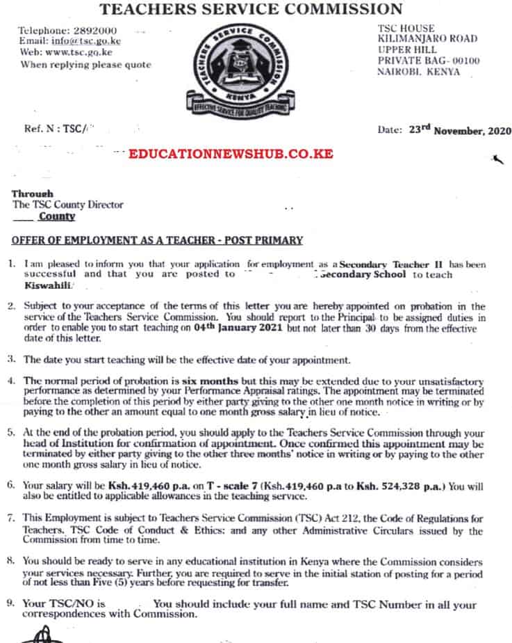 TSC letters on offer of employment as a teacher- 2021